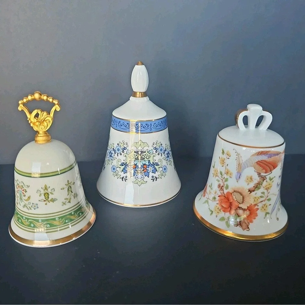 Trio of Danbury Mint Bone China Floral Bells Retired - Made in England - EUC -R5